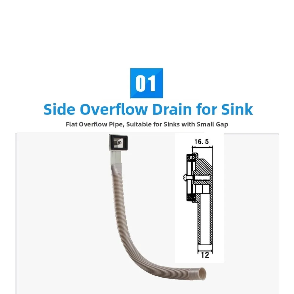 Square Overflow Head for Kitchen Sink Drain Assembly with 460mm Flat Pipe PP Construction Gray 63.8 x 40mm Spec