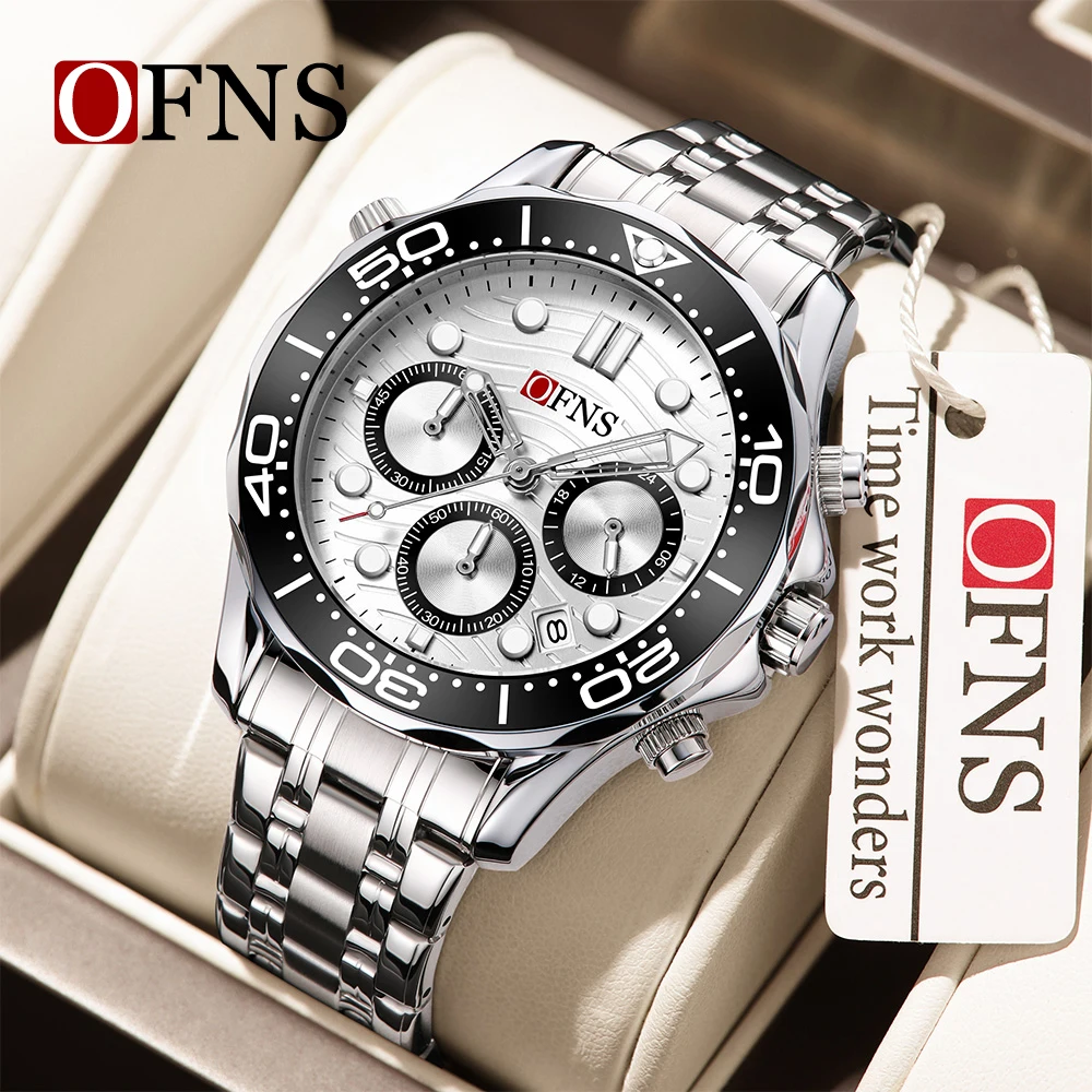 OFNS Top Brand 7104 Men's Quartz Watch Multi functional Timing Waterproof Calendar Night Light Men's Stainless Steel Watch
