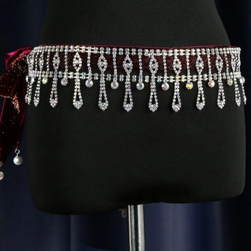 Customized Oriental Belly Dance Waist Chain Tassel Colorful Diamond Belt Dance Waistband for Women and Sexy with Water Drill