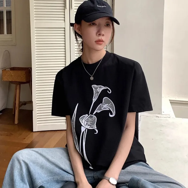 Women's Calla Lily Print Cotton T-Shirt Short Sleeve Crew Neck Casual Summer Top