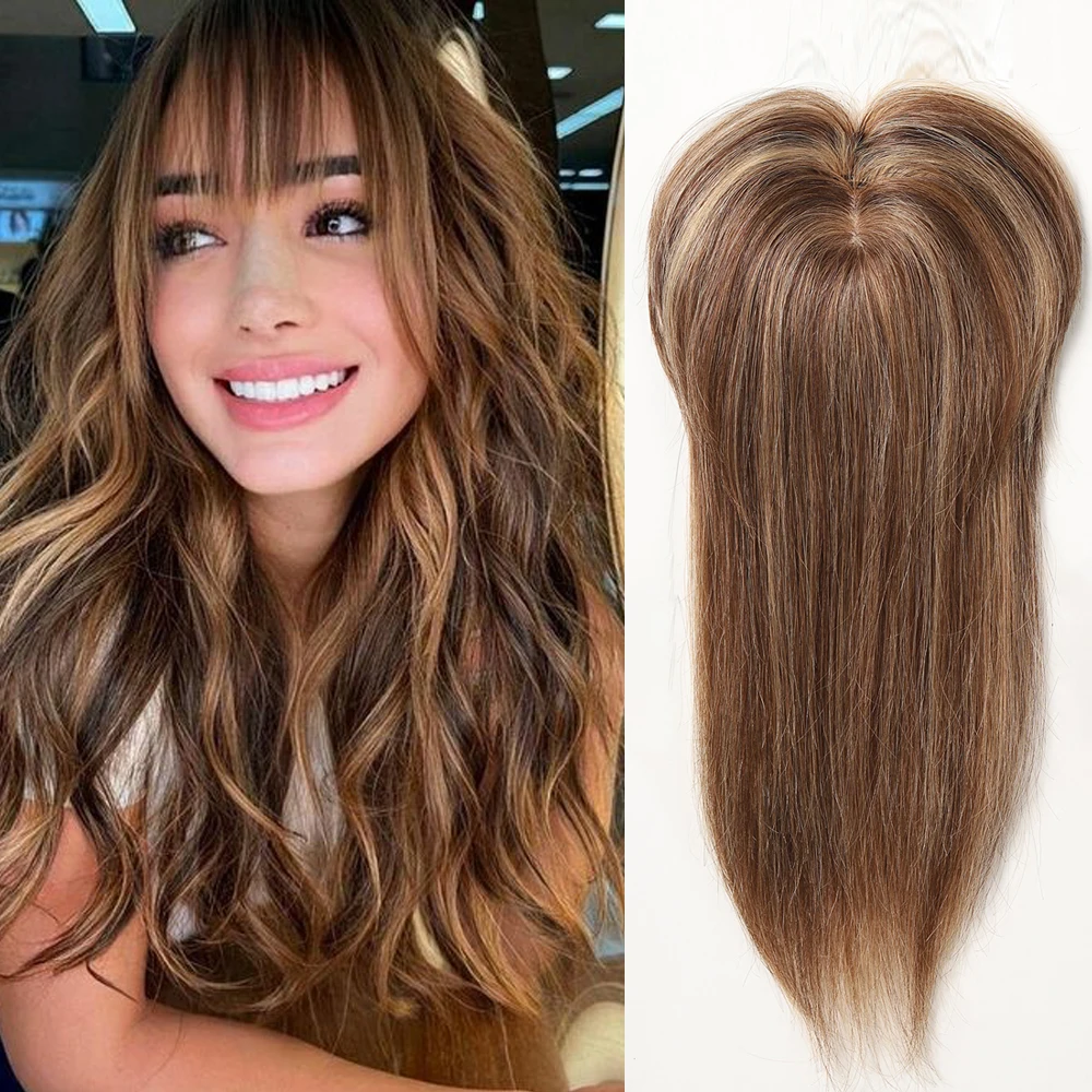 Toppers de cabelo humano para mulheres, Balayage de cabelo ralo, marrom, 100% Remy Topper com Franja, Clipe Base de Seda, uso diário, 12"