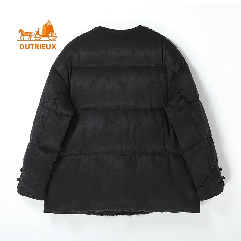 Winter New Down Jacket Mink Fur Coat for Women, Elegant Goose Down Satin Embroidery Mid-length Coat,black Warm Jacket for Travel