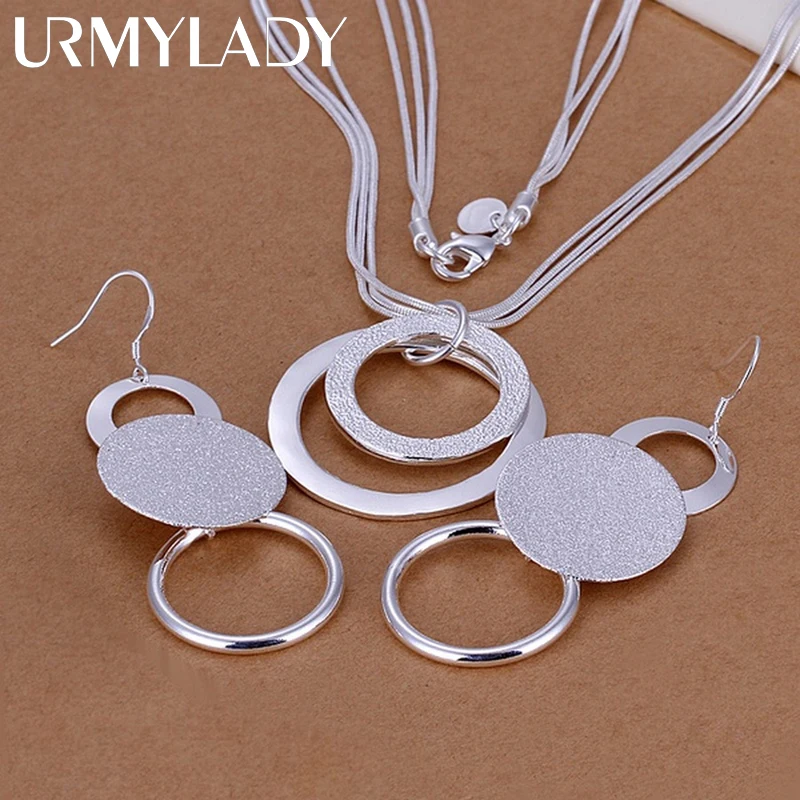 URMYLADY 925 silver wedding Christmas gift retro double matte geometric pendant necklace Drop Earrings fashion jewelry sets