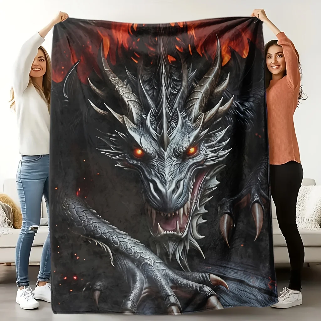 Giant Dragon Fantasy Art Print Fleece Throw Blanket Plush Decor for Sofa Couch Bedroom Gothic Beast Monster Halloween Cozy Gift