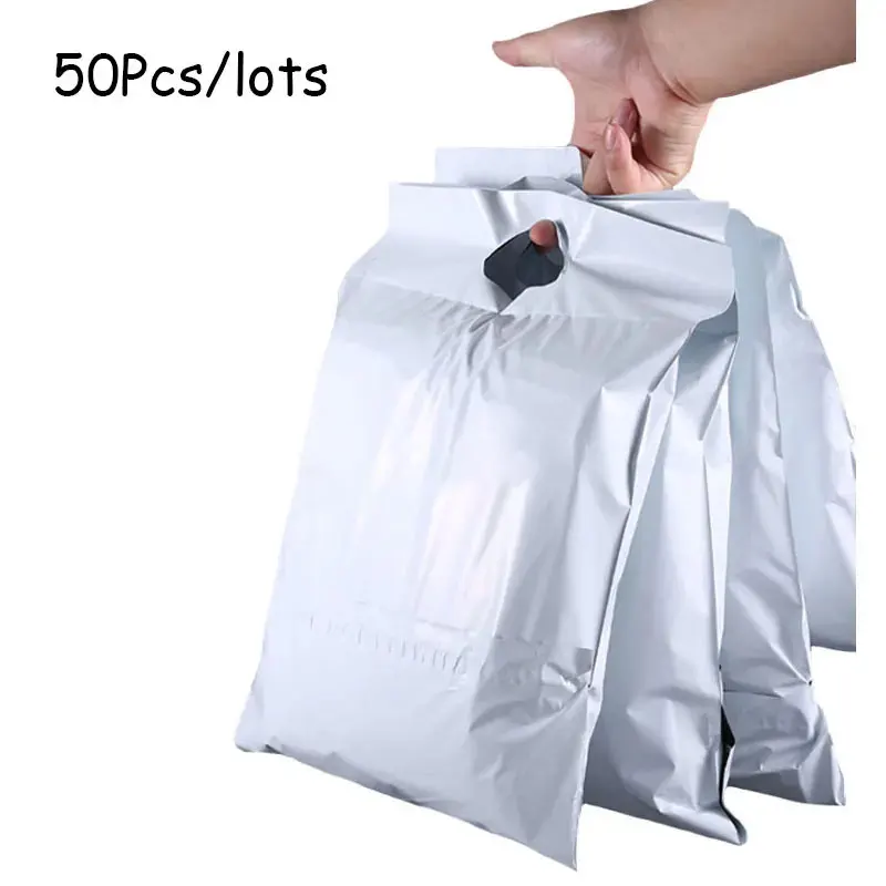 50Pcs Poly Mailing Bag with Handle Customize LOGO White Clothing  Ecommerce Shipping Tote Bags Portable Envelope Courier Pouch