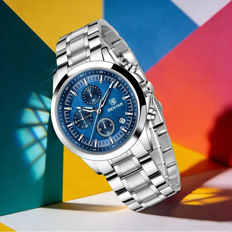 BENYAR Premium Trendy Luxury Men's Quartz Watch Urban Elite Grace Stainless Steel Watch Hardlex Calendar 50m Dive Luminous Watch