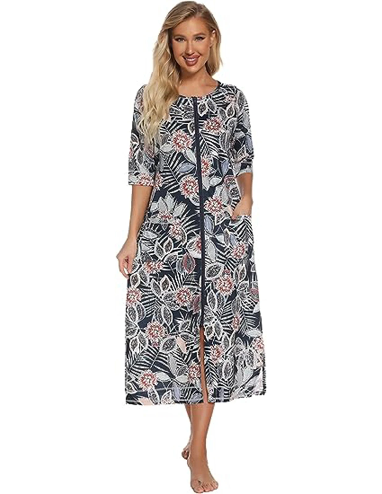 Aamikast Women Autumn Print Zipper Front Robes Long Sleepwear Soft Nightgown Warm Loungewear Maternity Bathrobe Pajamas