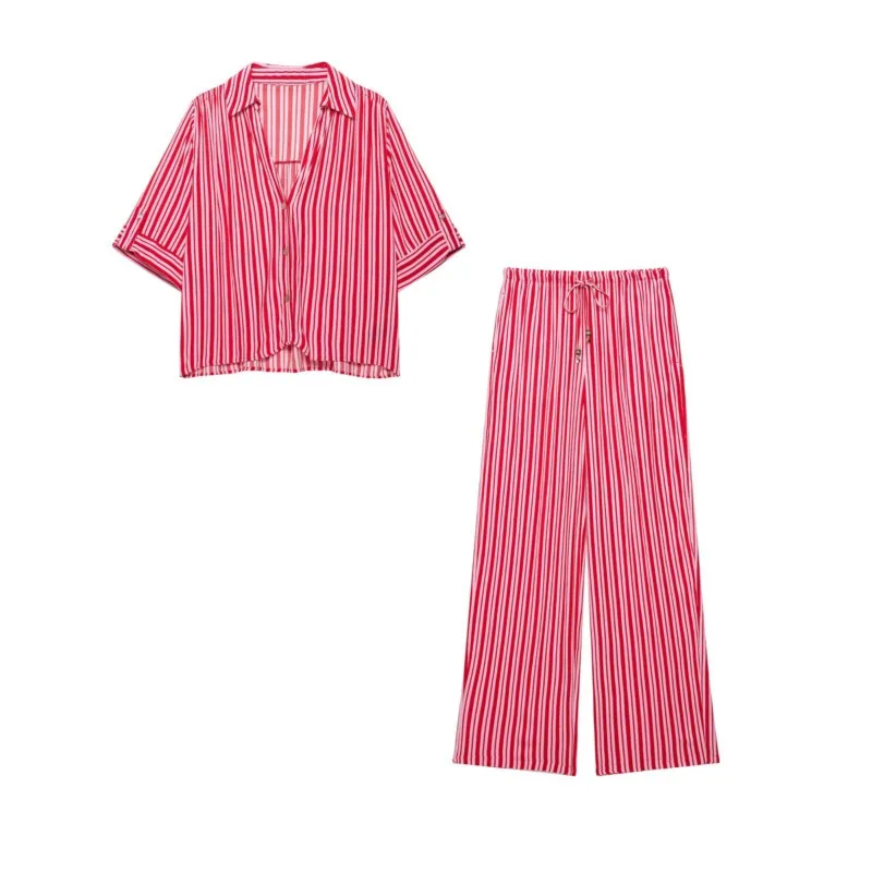 

HipSeam Women's High Waist Pants 2 Pieces Set New 2026 Spring Striped Flowing Shirt Wide-Leg Trousers Two Piece Female Outfit