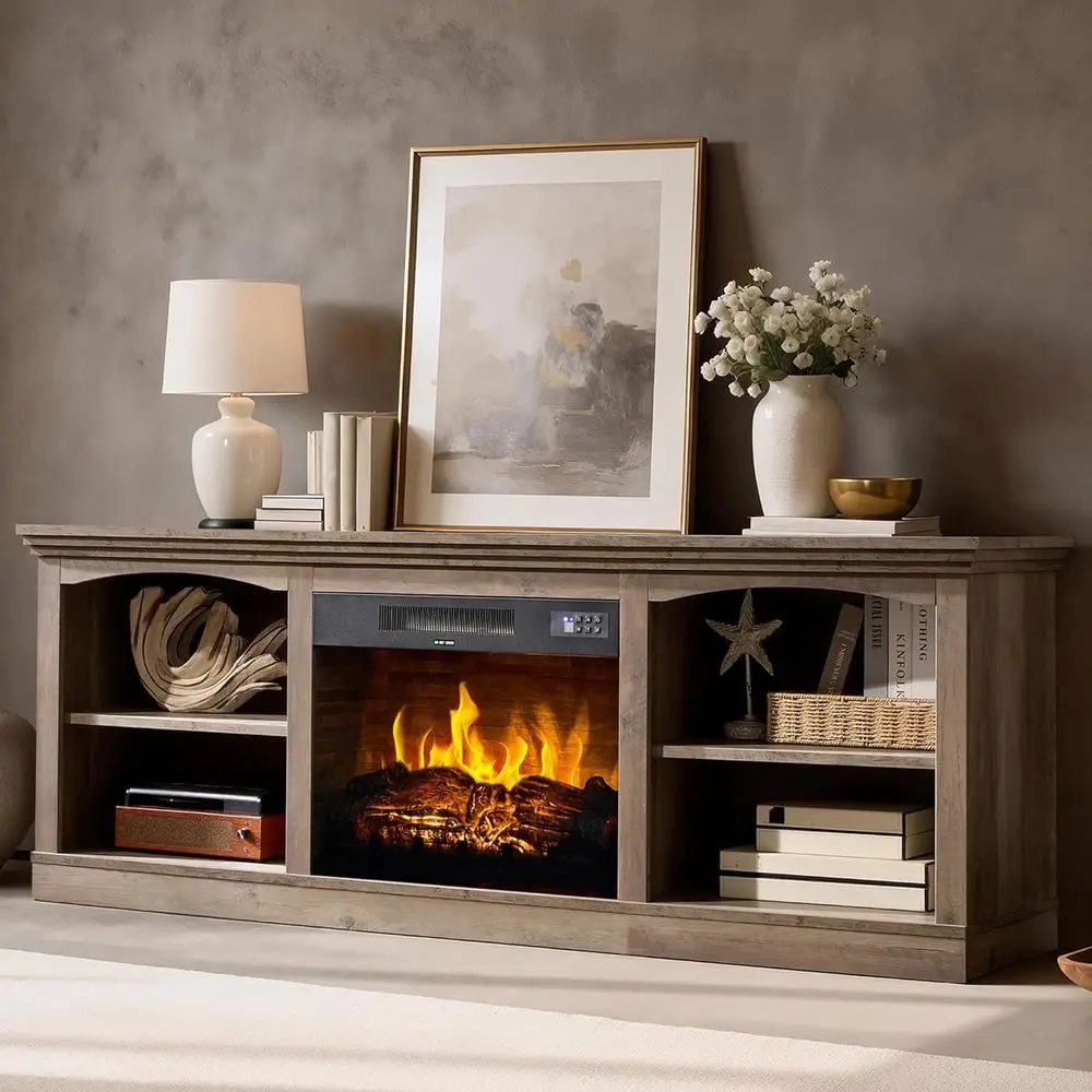

70-80 Inch TV Stand, Electric Fireplace Entertainment Center, 23 Insert, Rustic Grey Media Console with Storage