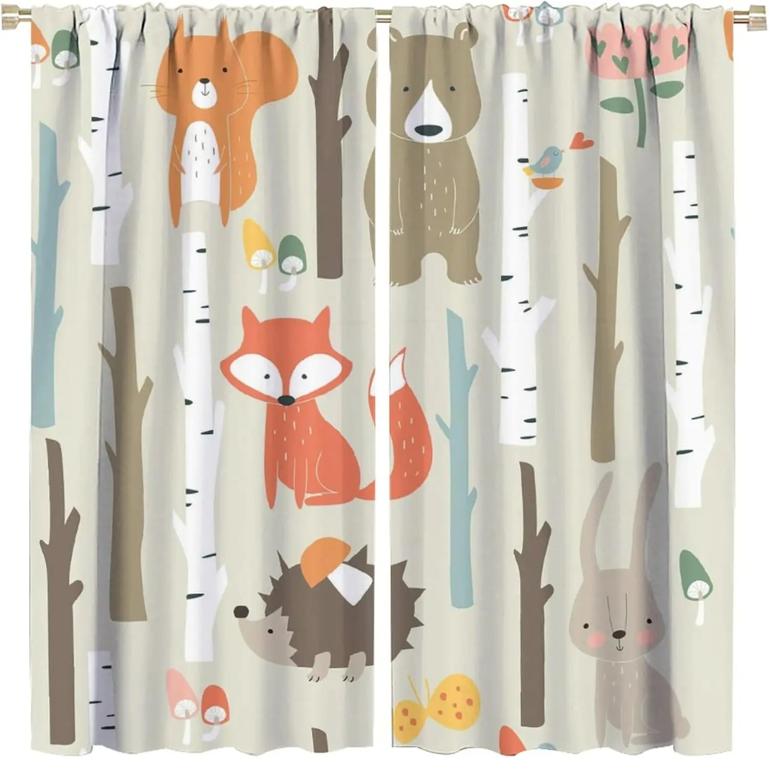 Cartoon Animals Blackout Window Curtains, Cute Woodland Bunny Bear Fox Animal Forest Printed Curtains, for Kids Teens Boys Girls