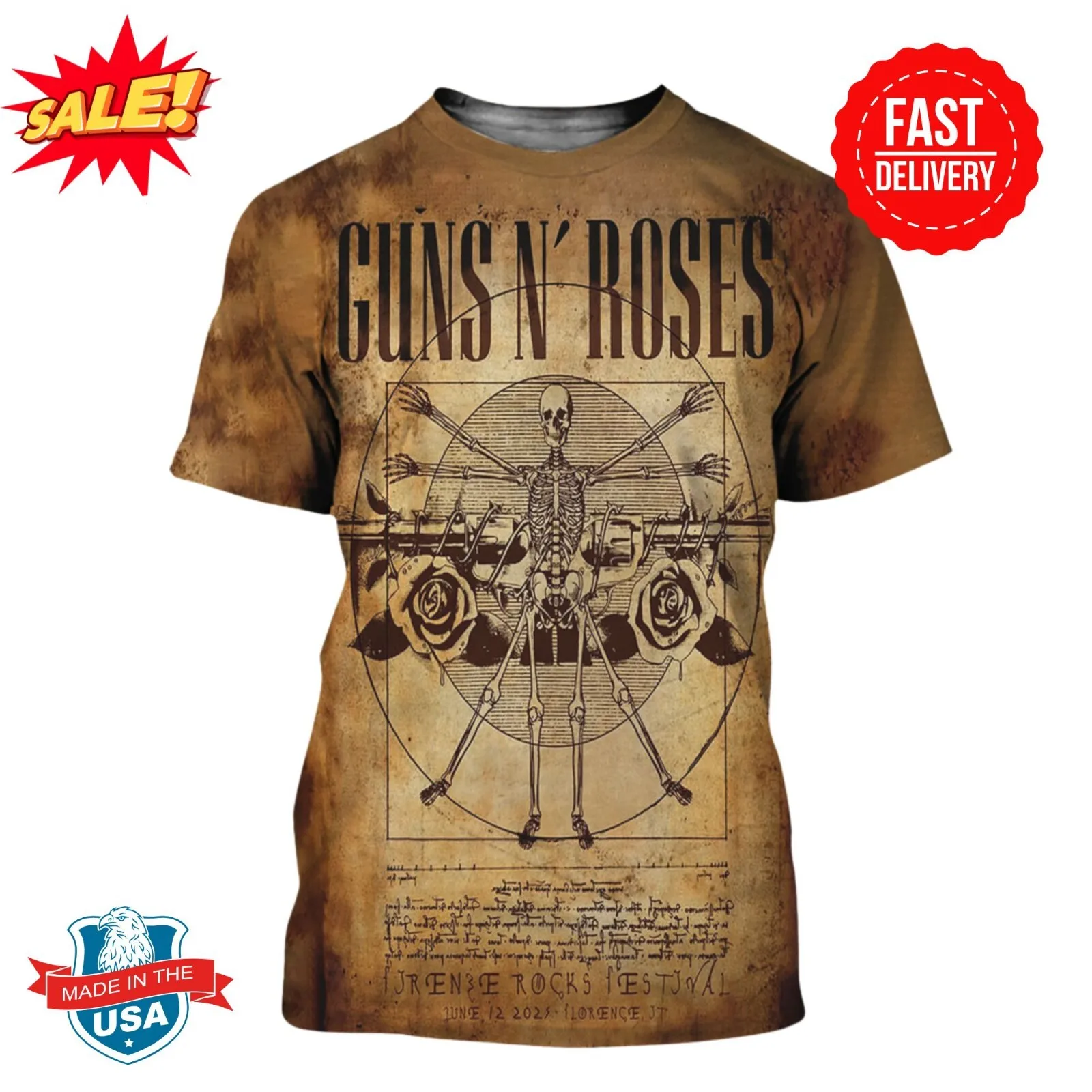 Cartaz do evento de Guns N Roses Firenze Rocks Festival 2025 em 12 de junho Camisa 3D