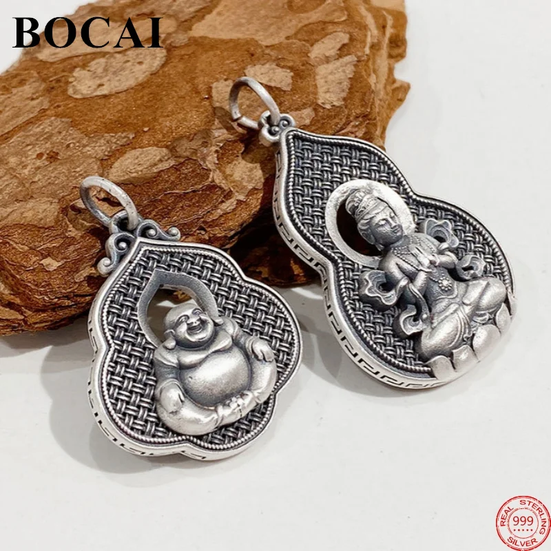 BOCAI S925 Sterling Silver Pendants for Women Men New Fashion Avalokitesvara Maitreya Buddha Argentum Silk Hollow Free Shipping