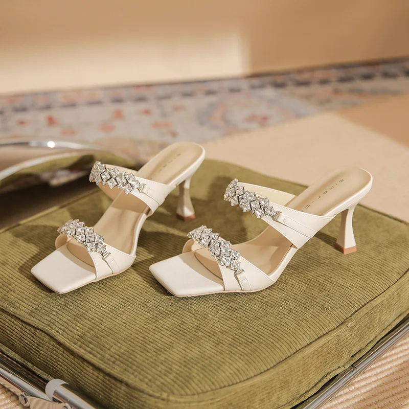 

High heels, women's slim heels, new square toe rhinestone fashion slippers, women's shoes