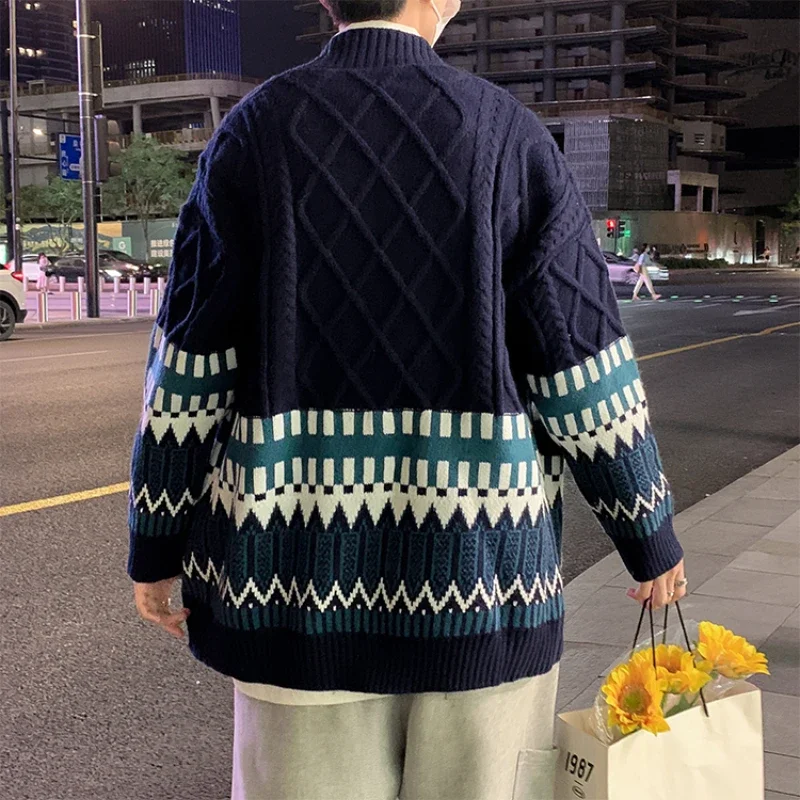 Design Cardigan Men Pockets Warm Winter Sweater Retro Ins Japanese Unisex Button Up Knitwear Teens All-match Harajuku Stylish