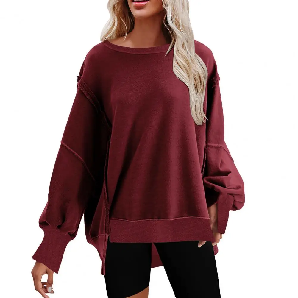 

Women Sweatshirt Solid Color Crew Neck Long Sleeve Washable Non-Fading Casual Pullover Top