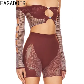 FAGADOER Seksi Kalın Dantel Hollow Bodycon Iki Parçalı Setleri Kadınlar için açık omuzlu Uzun Kollu Kırpma Üst ve Şort Kıyafet Kadın Giyim