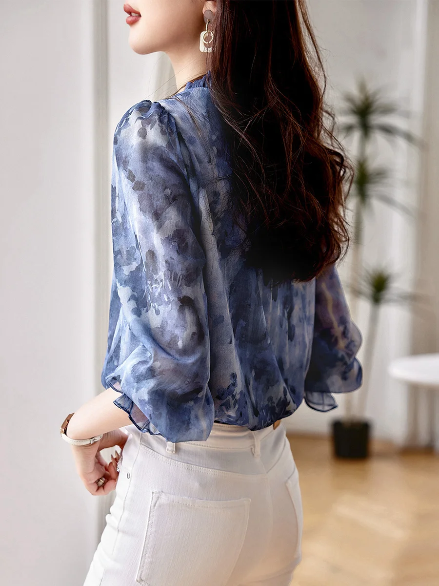 Fashion luxury ladies chiffon shirt France style woman printing blouse Spring Summer half sleeve Tops blusa mujer