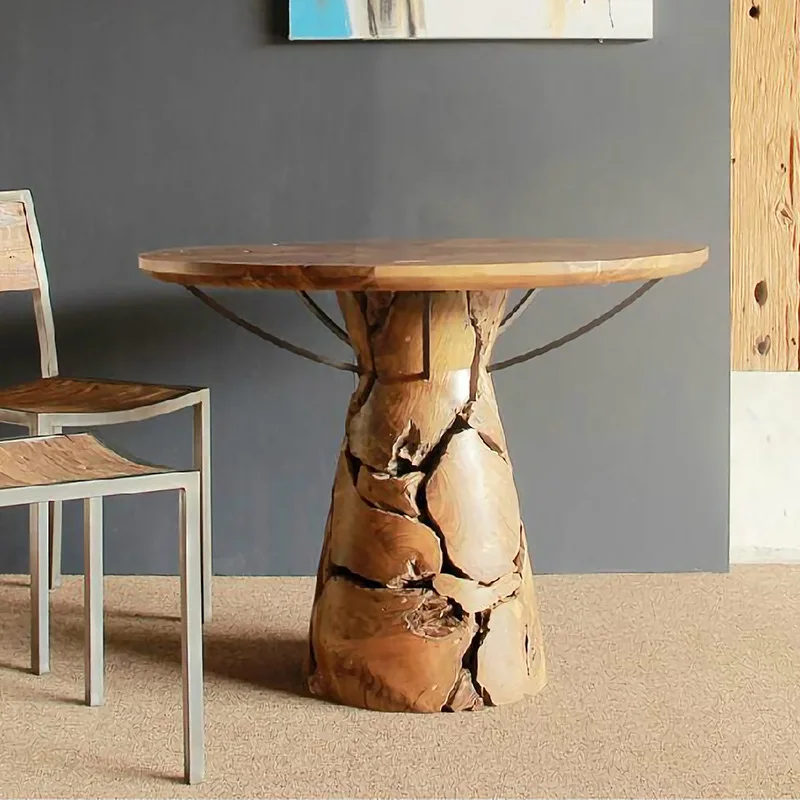 Homestay Art Round 1m Dining Table for 4 People Designer Restaurant Teak Table Natural Texture