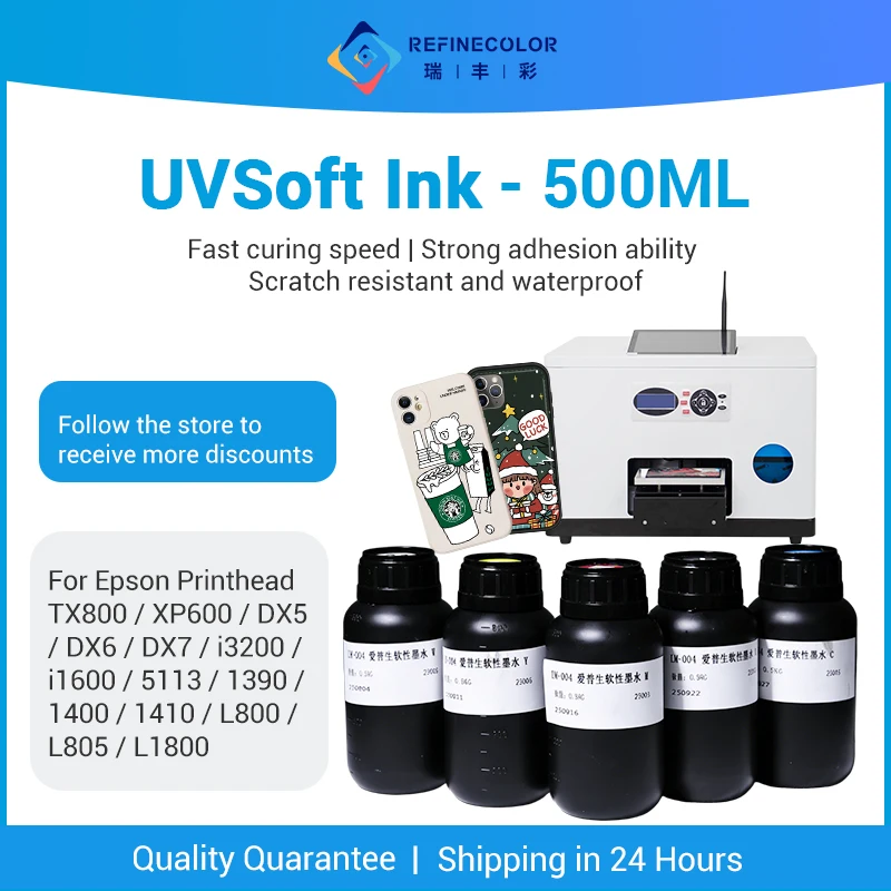 Refinecolor 500ml Bottle soft UV ink for EPSOM UV flatbed Printer A2 A3 A4 L800 L805 R1390 L1800 R2000 XP600 LED UV Curing Ink