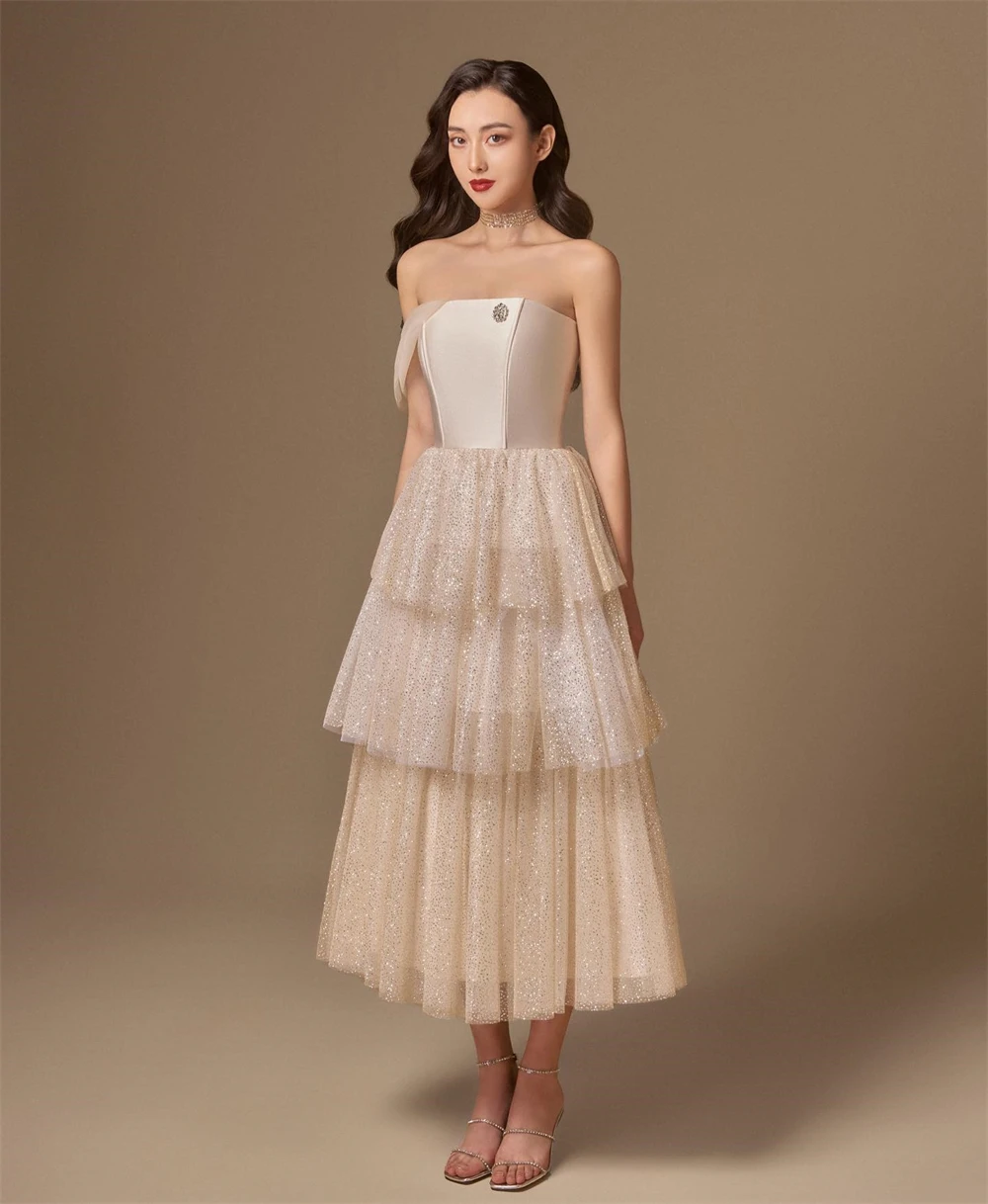 

Customized Prom Dress Yipeisha Simple Modern Style Formal Evening Strapless A-line Appliques Tiered Organza Bespoke Occasion Dre