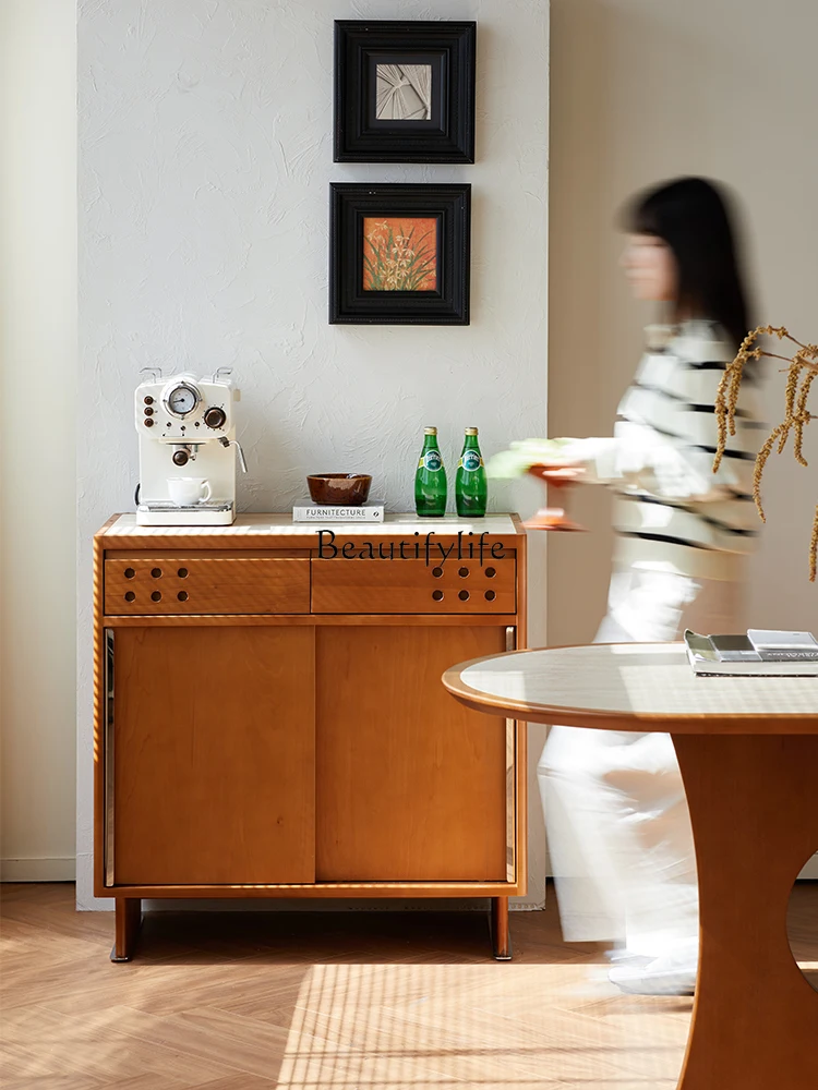 Side cabinet retro solid wood travertine rock slab tea table locker French