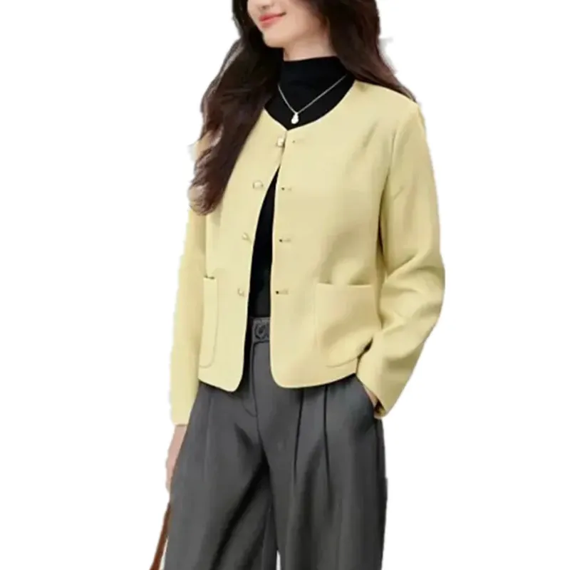 Chaqueta informal de Tweed de lana con cuello redondo para mujer, prendas de vestir exteriores de moda coreana, abrigo corto elegante de lana, ropa femenina B1390 2026