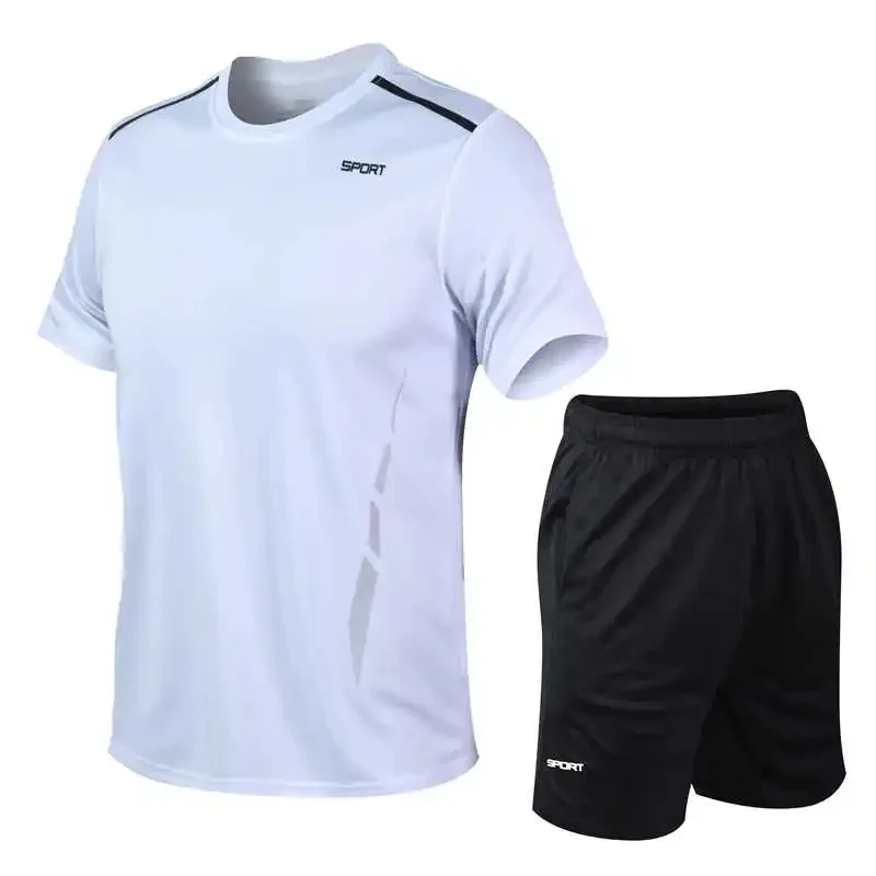 Summer Sports Casual Ice Silk Thin Set Loose Round Neck T-shirt Elastic Waist Drawstring Pocket Lightweight Quick Drying Shorts