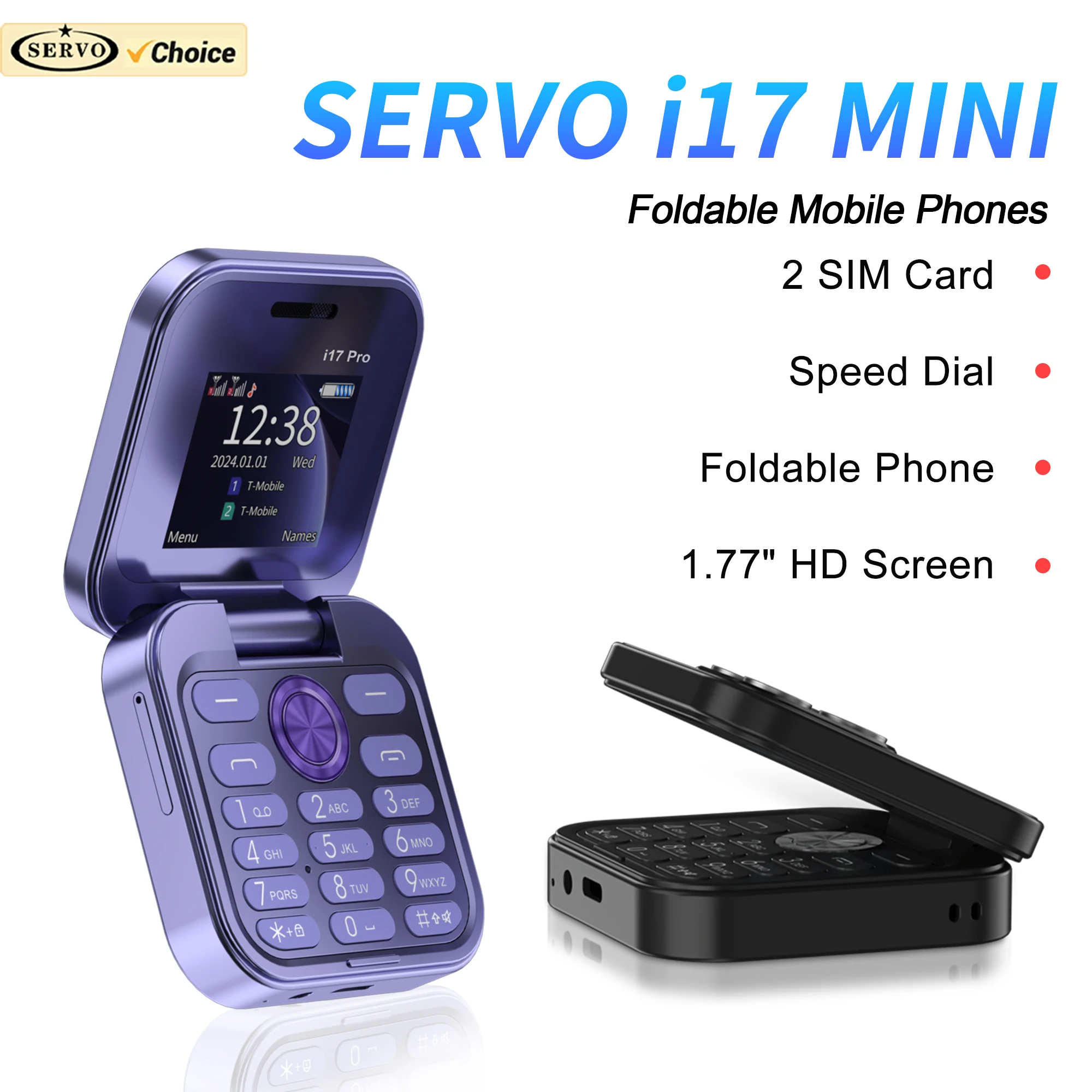 SERVO I17 Mini 2G Fold Mobile Phone Dual SIM Card Video Player Flashlight FM Radio Magic Voice 1.77”Small Box Flip Cellphones