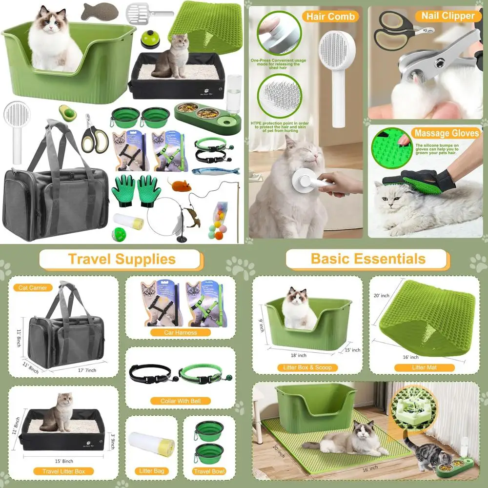 

Полный набор для ухода за кошками из 37 предметов: лоток для туалета, переноска, инструменты для груминга, игрушки для домашних животных всех возрастов, для использования в помещении и на улице