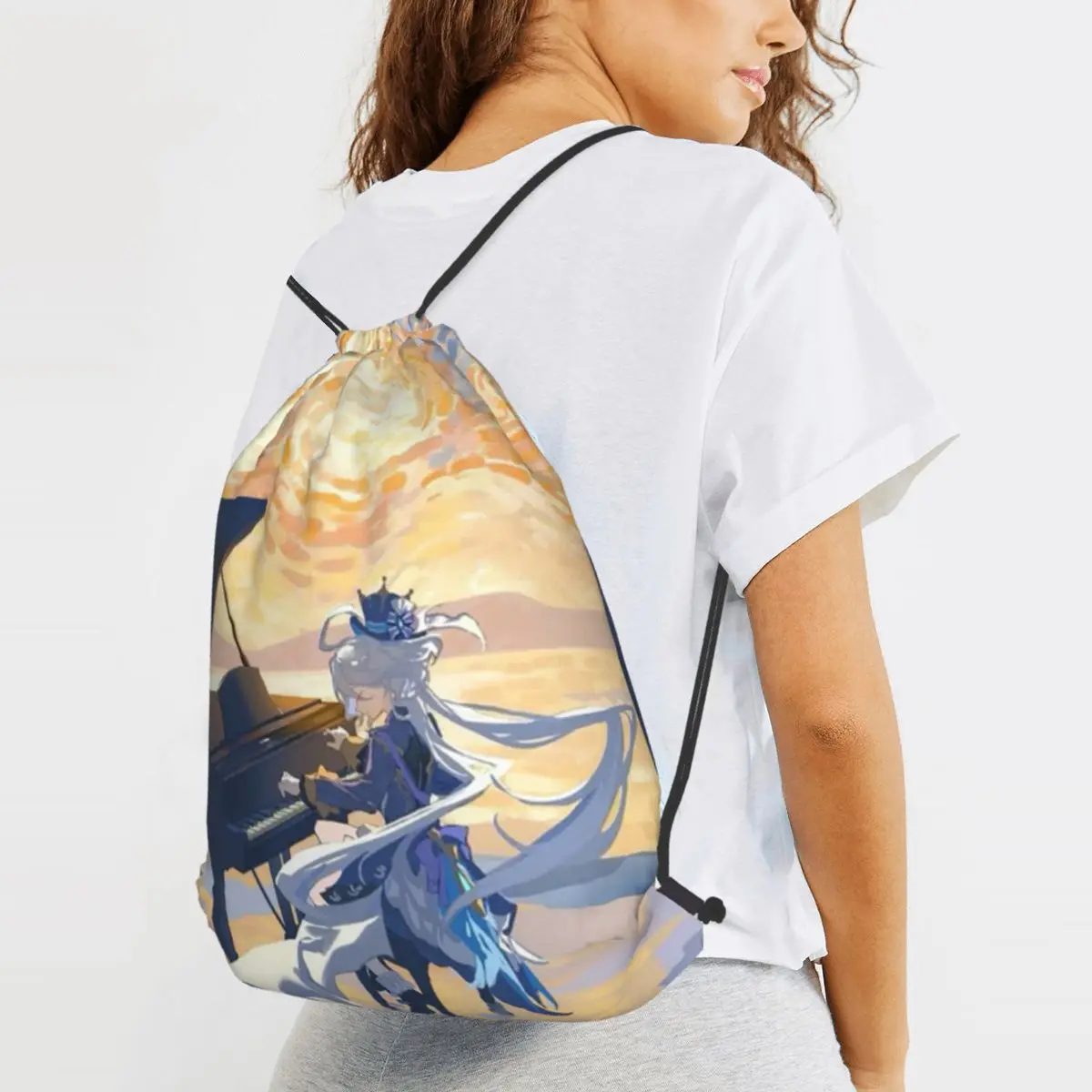 Furina Genshin Impact Game Backpacks Fashion Drawstring Bundle Pocket Storage Bag Book Bags for Travel Students