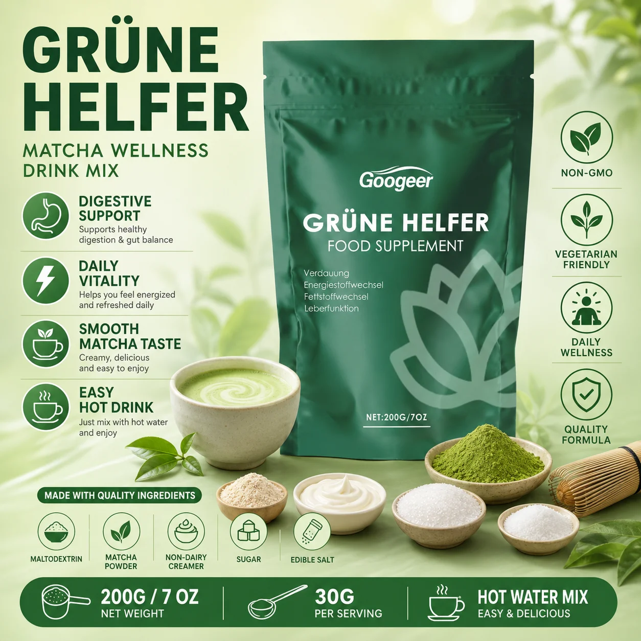 Googeer Green Matcha Powder Dietary Supplement Net 200g with Maltodextrin, Daily Digestive Wellness & Energy Support Formula