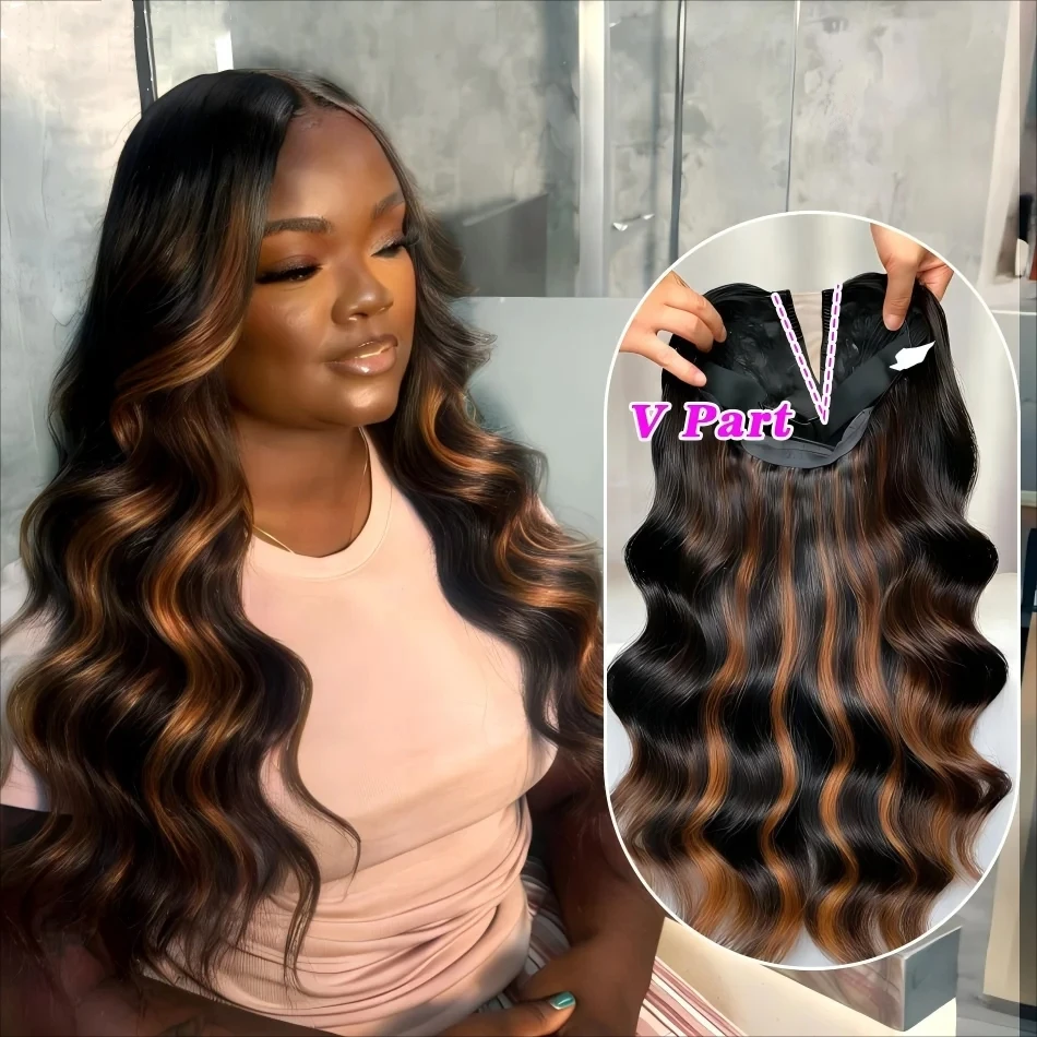Body Wave Upgrade V Part With Adjustable Drawstring 220 Density V Shape Clip In Half Wigs Highlight P1B30 V Part Wig Human Hair