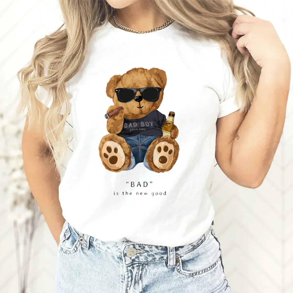 New Couple Teddy Bear Print T-shirt Europe and The United States Fashion Crew-neck Top Woman Tops Oversized T Shirt  Harajuku