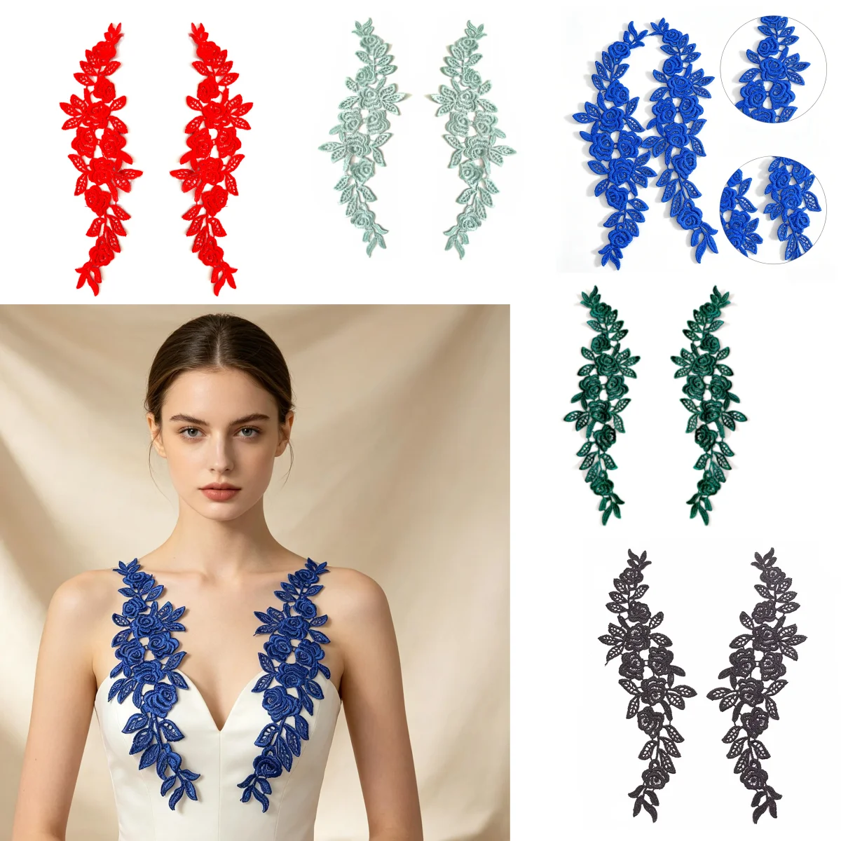 3Pairs Delicate Lace Embroidery Applique Trimming for Sewing, DIY Lace Patches with 8 Color Options