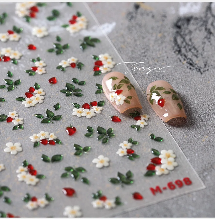 1Pcs 5D Jelly White Lily Red Strawberry Nail Art Sticker Peony Rose Camellia Embossed Nails Decals Delicate Nail Art Decorations