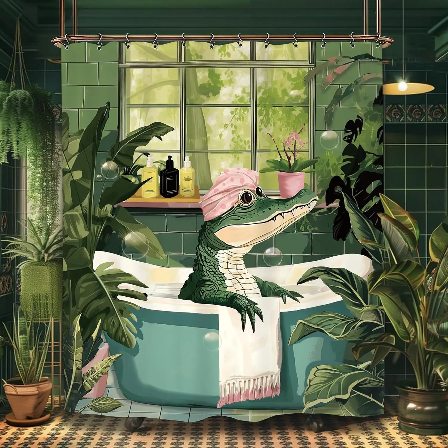 Tropical Jungle Shower Curtain Alligator Crocodile Safari Boho Bathroom Liner Polyester Nature Decor Waterproof Shower Curtain