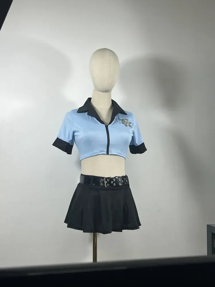 Adulto donna blu Sexy uniforme della polizia festa di Halloween Cosplay poliziotto vestito Costume della polizia Top + gonna + cappello + manette + bastone + cintura