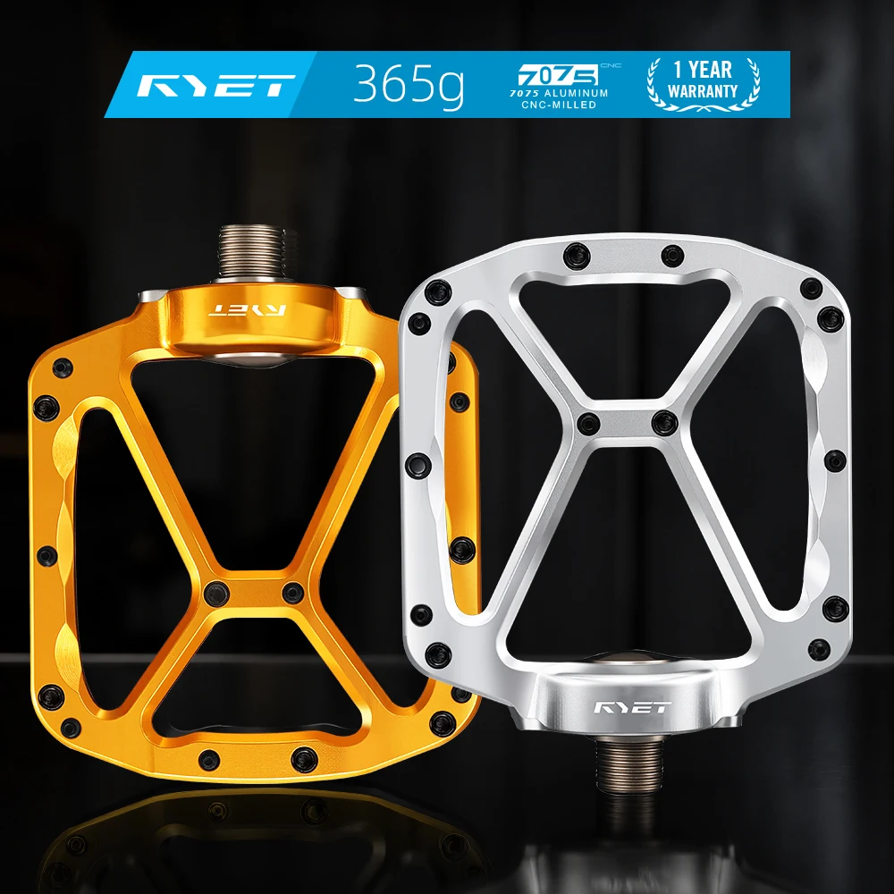 

RYET 365g Axle-less CNC Aluminum Flat MTB Pedals DU Bearings Non-Slip Wide Platform Ultralight Durable Grip Road Bike Parts