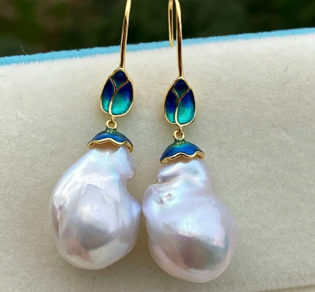 

Natural Baroque shaped long pearl earrings 925 silver enamel glazed earrings