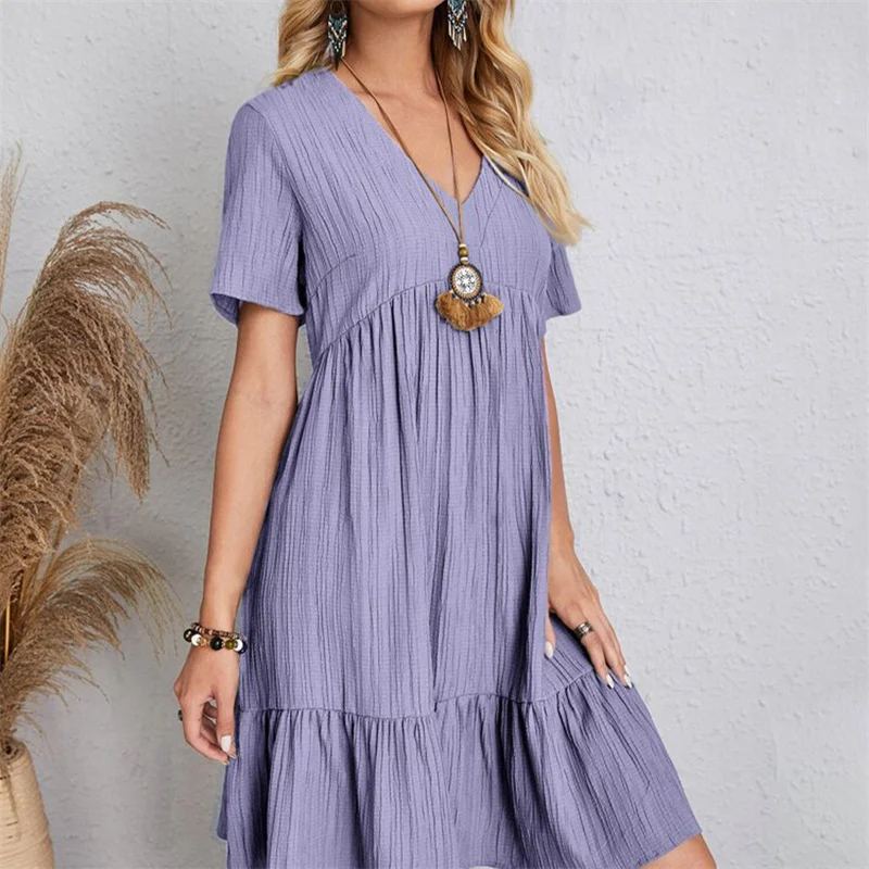 Femmes Vintage Mini robes été solide décontracté col en V volants robe dames Boho ample plage fête robe élégante robes DF4912