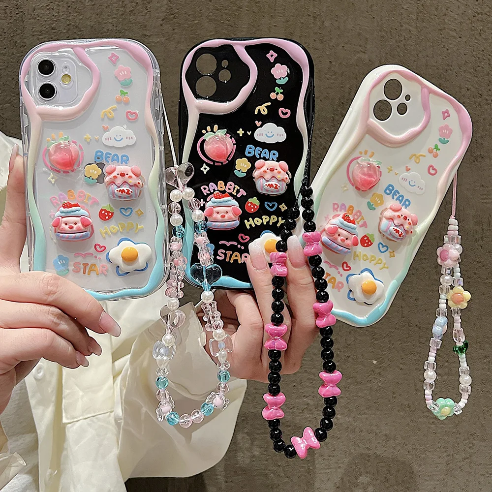 3D Cute Pig Hang Wrist Chain Cases For iPhone 16 Pro Max 15 14 13 12 11 Pro 16 15 14 7 8 Plus XR XS XS Max 7 8 SE Soft Bumper