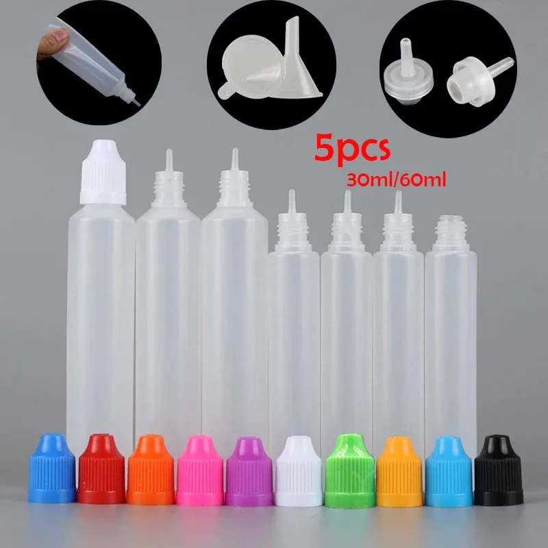 5pcs 30ml/60ml Empty Plastic LDPE Squeeze E Juice Dropper Liquid Oil Bottle Refillable Eye Bottles Long Tip Cap Vape Container