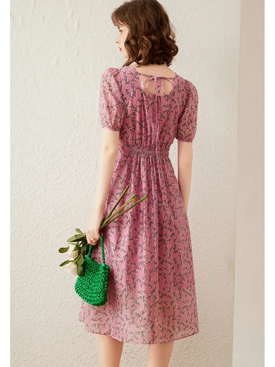 LOUIS YAO Women Dress 2024 V Neck Short Sleeve Print French Style Retro A-LINE Knee-length Elegant Women's Long Dress