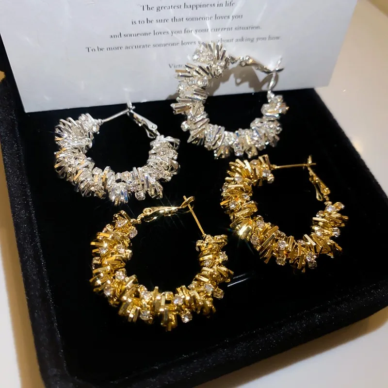 Minar Charming Shiny Silver Water-wave Irregular Beads CZ Cubic Zirconia Drape Round Hoop Earrings for Women Femme Party Jewelry