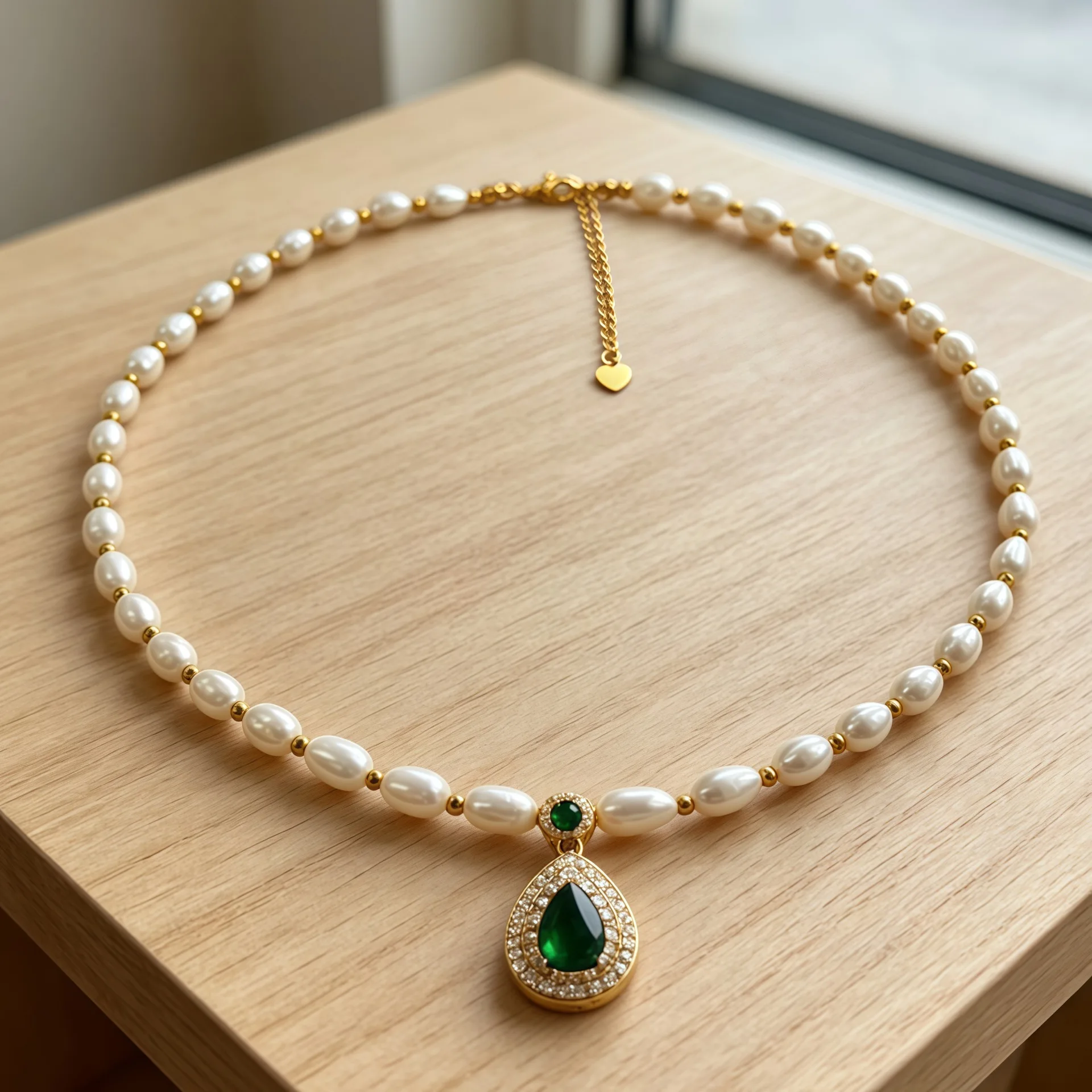100 % natürliche Süßwasserperle und Wassertropfen-Smaragdstein, 14 Karat vergoldeter Damen-Anhänger, Halskette, Originalschmuck, Geburtstagsgeschenk – Detail 5