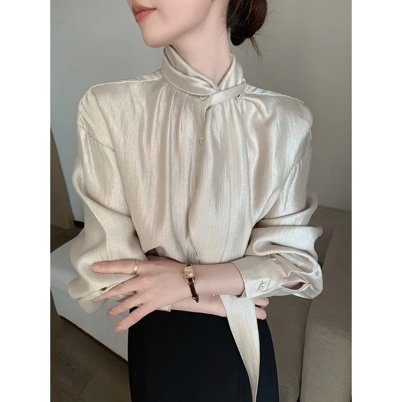 

High Collar Long Sleeves Belted Shirt Woman New Autumn Style Elegant Sophisticated Small-sized Fashionable Blouse French Style