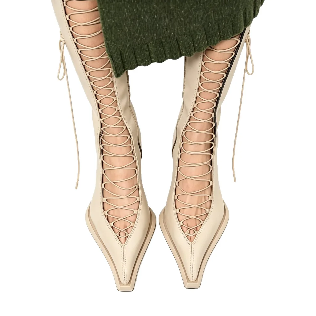 Cross Strap Pointed Toe Knee-High Women Summer Sandals Boots Stiletto High Heels Lace Up Design Large Size Fashion Lady Shoes
