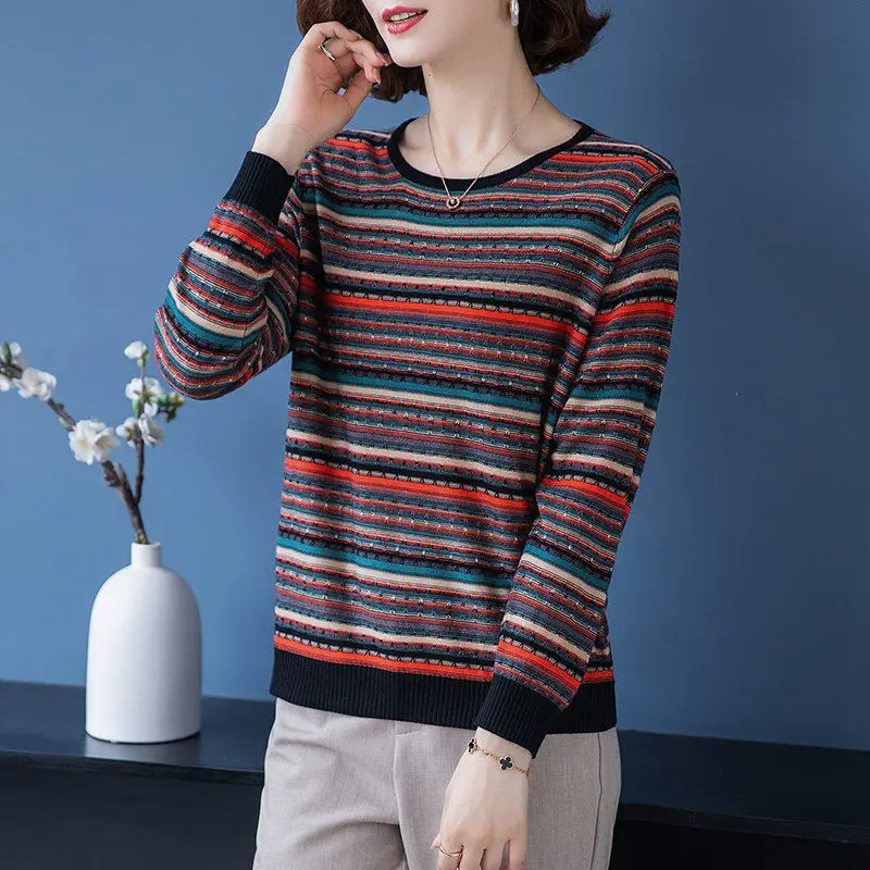 Vintage Autumn Winter Spliced Leisure Knitting Women\'s Clothing Striped Thin O-Neck Dimensional Cut Pullovers Loose-fitting Wild