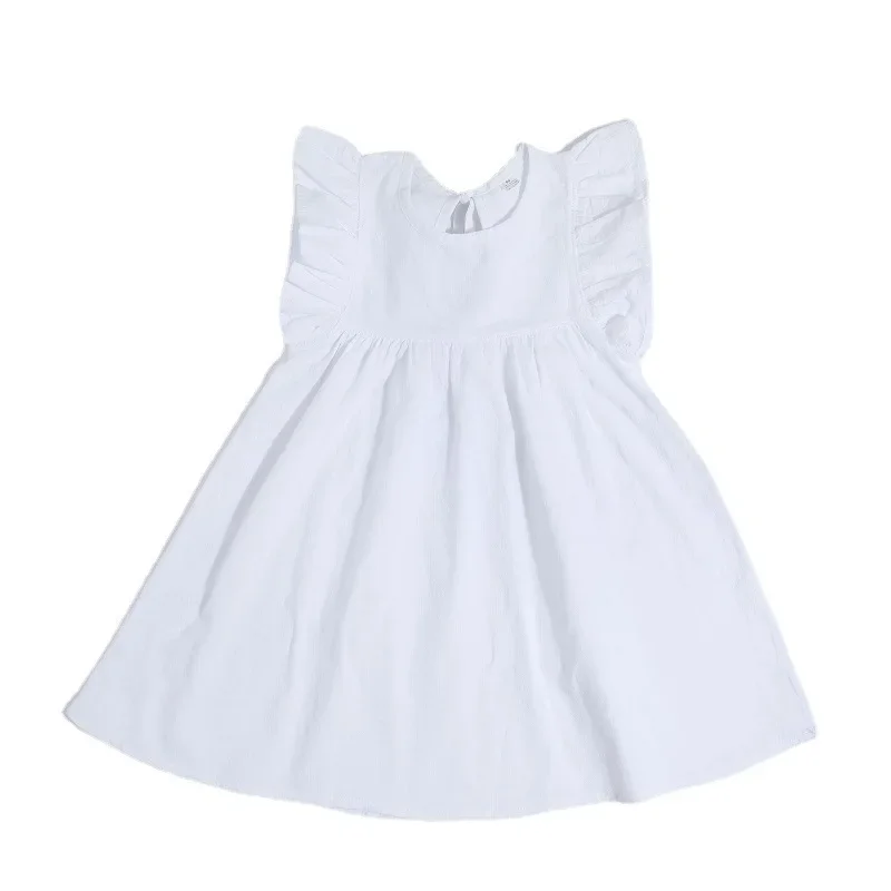 

Girls' Flutter Sleeve Princess Dress with Tie Children's Clothing Solid Color Cotton European and American Summer New Style