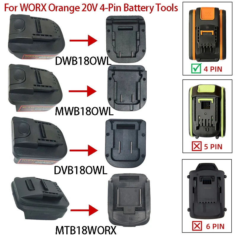 

For Worx 4 Pin Orange Small Foot Tools DWB18OWL/MWB18OWL/DVB18OWL/MTB18WORX Adapter for DeWalt/Makita/Milwaukee/Devon Batteries